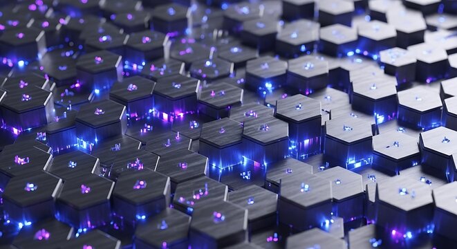 Abstract digital hexagon pattern with blue and purple glowing lights - Powered by Adobe