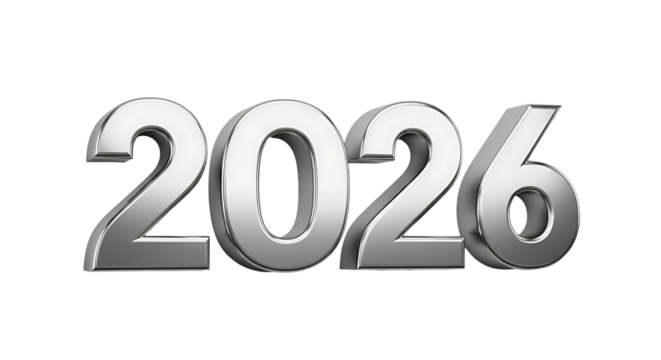 Silver 3D Numbers 2026 Isolated on White Background.