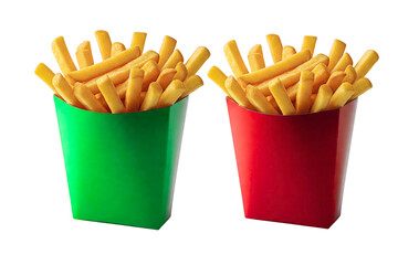 PNG image of Two servings of golden french fries in vibrant green and red containers offer a tasty fast food option perfect for lunch dinner or a quick snack on the go on transparent background