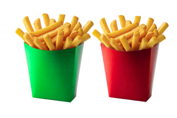 PNG image of Two servings of golden french fries in vibrant green and red containers offer a tasty fast food option perfect for lunch dinner or a quick snack on the go on transparent background