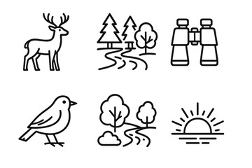 Fototapeta premium Wildlife Reserve Icons. Wildlife Reserve linear icon set. deer, forest, stream, binoculars, bird, tree, path, sunrise