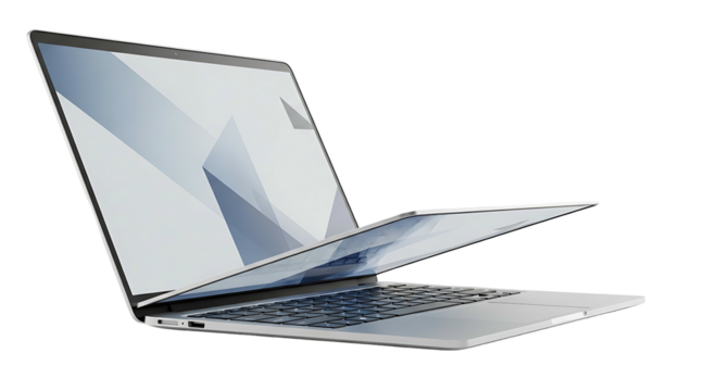 Sleek Silver Laptop with Screen Partially Open on White Background.