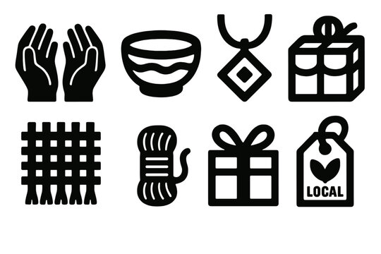 Craft Market Icons. Local Craft Markets silhouette icon set: artisan hands, handmade bowl, woven cloth, pendant necklace, booth awning, embroidery thread, gift box, local logo tag