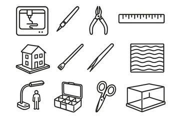 Obraz premium Miniature Design Tools. Miniature Design Studio linear icon set. 3D printer, small tools, scale ruler, architectural model, micro brush, precision tweezers, texture paper, scale