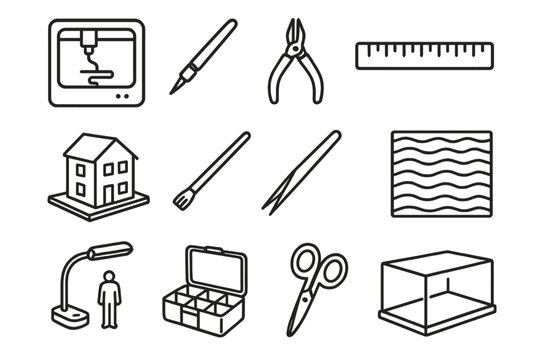 Miniature Design Tools. Miniature Design Studio linear icon set. 3D printer, small tools, scale ruler, architectural model, micro brush, precision tweezers, texture paper, scale
