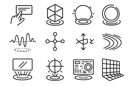 Virtual Interface Elements. Virtual Display Elements linear icon set: hand motion, floating panel, holographic cube, glowing circle, digital waveform, control node, 3D icon