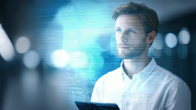 Professional man stands in sleek, high tech workspace, interacting with digital tablet, visualized data streams. Scene represents innovation, digital transformation, future business trends