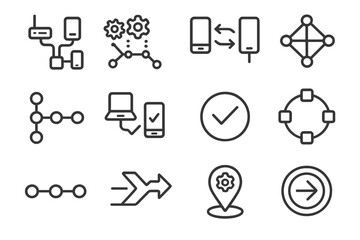 Device Integration Icons. Device Integration Solutions Set linear icon set: integrated hub, linking path, synced devices, data mesh, workflow line, system connection, pairing mark