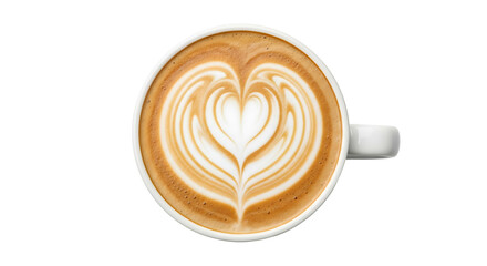Top view of a delicious latte with beautiful heartshaped latte art isolated on a clean white background.
