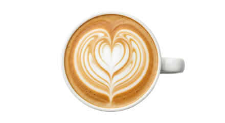 Top view of a delicious latte with beautiful heartshaped latte art isolated on a clean white background.