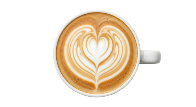 Top view of a delicious latte with beautiful heartshaped latte art isolated on a clean white background.