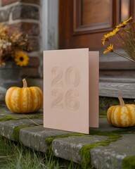Greeting card with embossed date displayed on a stone ledge with pumpkins and floral arrangements