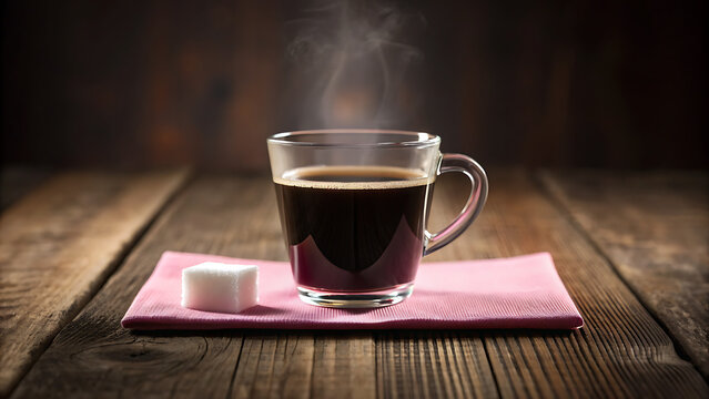 Steaming hot cup of black coffee with sugar cube on a rustic wooden table and pink napkin - Powered by Adobe
