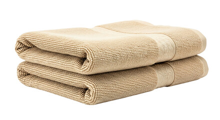 Two neatly folded beige striped bath towels stacked on a white background.