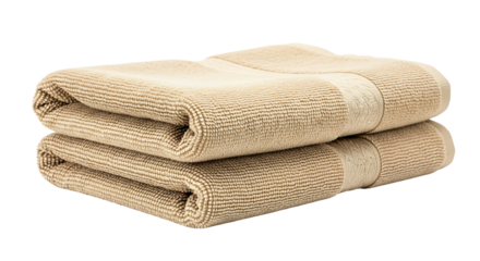 Two neatly folded beige striped bath towels stacked on a white background.