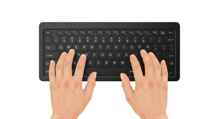Typing on a black keyboard with hands overhead view.