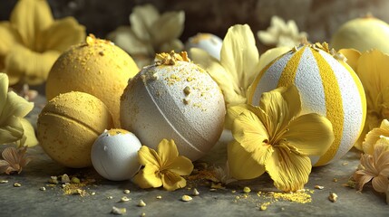 A row of yellow and white bath bombs arranged on a surface