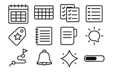 Study Planning Icons. Study Planning Collection linear icon set: class timetable, weekly layout, task cards, course outline, priority tag, notebook page, subject divider, focus