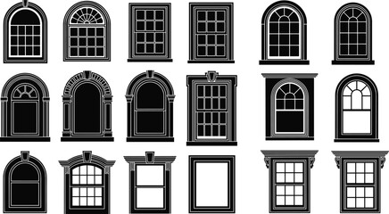 Naklejka premium Vintage window frame collection featuring classic architectural designs, decorative shapes, ornate borders, traditional styles, illustration set