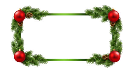 Festive christmas wreath border with red ornaments and pine cones isolated on transparent background