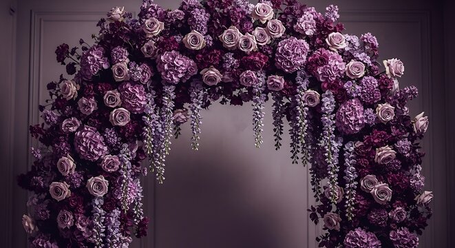 Lush purple floral archway with roses hydrangeas and wisteria arrangement bloom