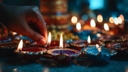 Close up of a person lighting decorative clay lamps, symbolizing the festival of lights. The glowing diyas illuminate the scene, evoking joy, tradition, and cultural unity