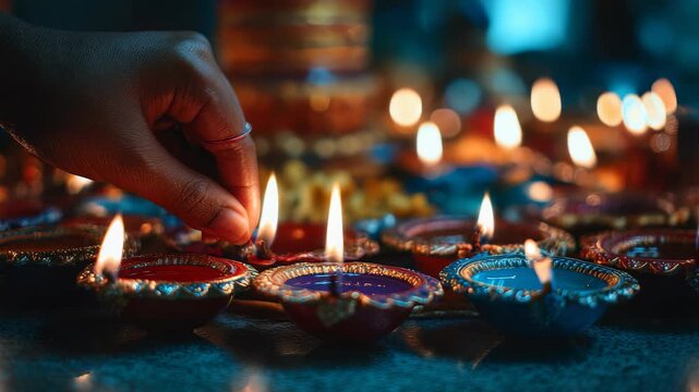 Close up of a person lighting decorative clay lamps, symbolizing the festival of lights. The glowing diyas illuminate the scene, evoking joy, tradition, and cultural unity