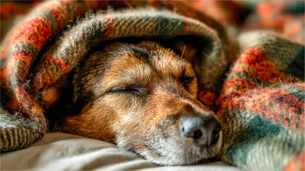 Cozy dog peacefully sleeping under a soft knitted patterned blanket creating a warm and comforting atmosphere of relaxation and restfulness indoors