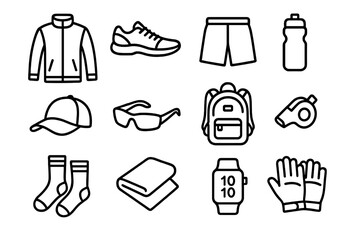 Outdoor Sports Icons. Outdoor Athletics linear icon set: jacket, sneakers, shorts, water bottle, hat, sunglasses, backpack, whistle, socks, towel, smartwatch, gloves