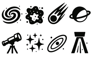 Interstellar Icon Set. Interstellar Dust silhouette icon set: galaxy, dust cloud, comet, planet, telescope, star cluster, orbit ring, light beam