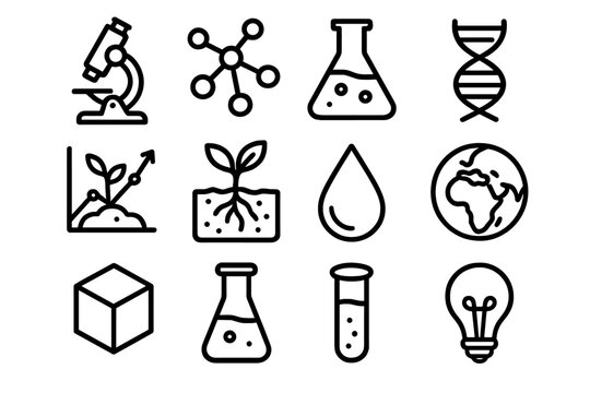 Organic Farming Icons. Scientific Organic Farming linear icon set. microscope, molecular model, lab flask, DNA helix, graph chart, soil sample, plant, water droplet, globe, 3D cube