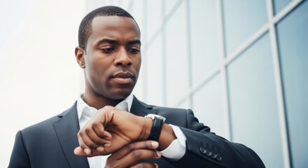 A serious African American businessman in a formal suit stands outside a modern office building and checks the time on his wristwatch with a focused expression