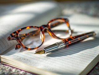 Brown tortoiseshell reading glasses and elegant pen resting on an open lined notebook bathed in warm sunlight with shallow focus background