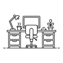 Home Office Desk and Chair Line Art Vector: Workspace with Computer, Lamp, and Coffee