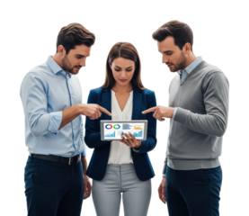 Team collaboration discussing business data insights in office space isolated on transparent background