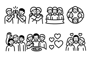 Joyful Celebration Icons. Shared Happiness linear icon set. group of friends, clinking glasses, hug, celebration ribbon, community circle, waving hand, shared meal, joyful hearts