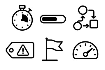 Productivity Icon Set. Work Productivity Set linear icon set: timer, progress bar, workflow arrows, priority tag, goal flag, efficiency gauge