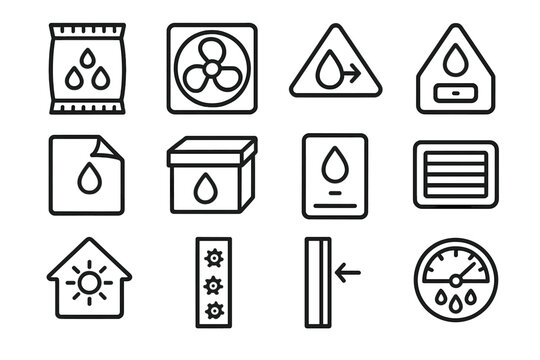 Moisture Control Toolkit. Moisture Reduction Kit linear icon set: dehumidifying packet, airflow boost fan, dry corner gauge, leak patch strip, humidity-proof box, moisture alert