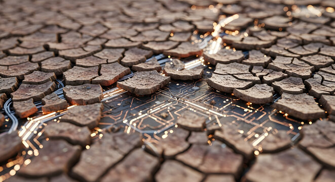 Concept of technology overcoming environmental crisis, digital transformation impacting dry, cracked earth