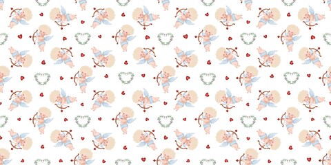 Seamless watercolor pattern with adorable baby cupids, red hearts, and floral wreaths. Perfect for Valentine’s Day designs, wrapping paper, fabric, stationery, and romantic digital projects