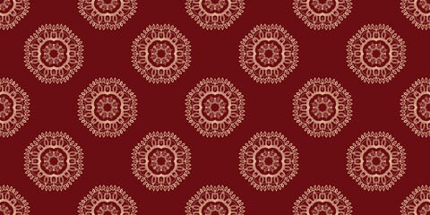 Elegant seamless pattern featuring detailed, circular lace/mandala ornaments in beige/gold on a rich, dark red background. Perfect for luxury packaging, traditional textiles, and festive holiday 