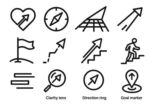 Guided Path Icons. Purposeful Direction linear icon set: intention card, compass needle, structured path, perspective grid, aspiration beam, milestone flag, guided arrow, steady