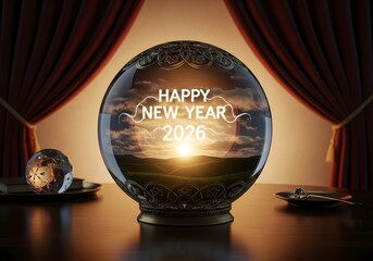Crystal ball displaying happy new year 2026 with sunset and red curtains in the background scene
