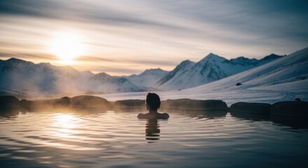 Person relaxing in steaming outdoor mineral bath surrounded by snowy mountain landscape during sunrise or sunset