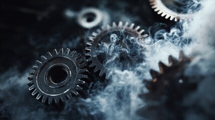 Metallic Gears Rotating in Steam with Black Background, Creating an Industrial Aesthetic and Dynamic Atmosphere