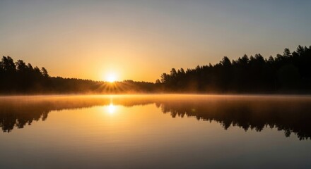 Fototapeta premium Bright morning sun illuminates mist rising above a still body of water bordered by forest