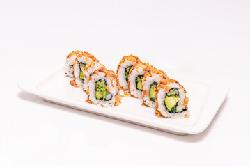 Salmon skin uramaki with crispy salmon skin, cucumber, and chives on vinegar-seasoned rice