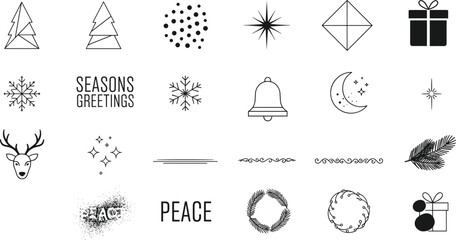 Set of 24 Minimalist Black and White Holiday Icons for Christmas, Winter, Greeting Cards, and Seasonal Design Projects