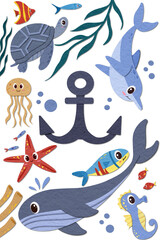 Illustrations of Sea Animals and Anchors in Paper Cut Style for Nursery Wall Art