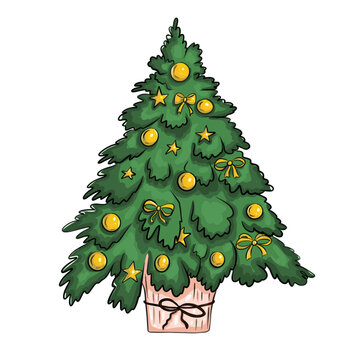 A cheerful, cartoon-style vector sticker of a decorated Christmas tree. The lush green fir tree is planted in a pinkish pot tied with a dark bow and adorned with shiny golden baubles, stars, and small